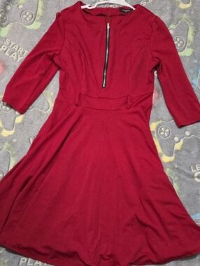 Chaps Women's Burgundy Long-Sleeve Fit & Flare Dress with Front Zip